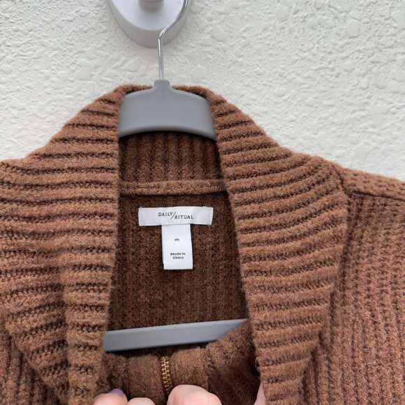 Daily Ritual Brown Ribbed 1/2 Half Zip Knit Wool Blend Sweater Womens sz Medium - Picture 2 of 10